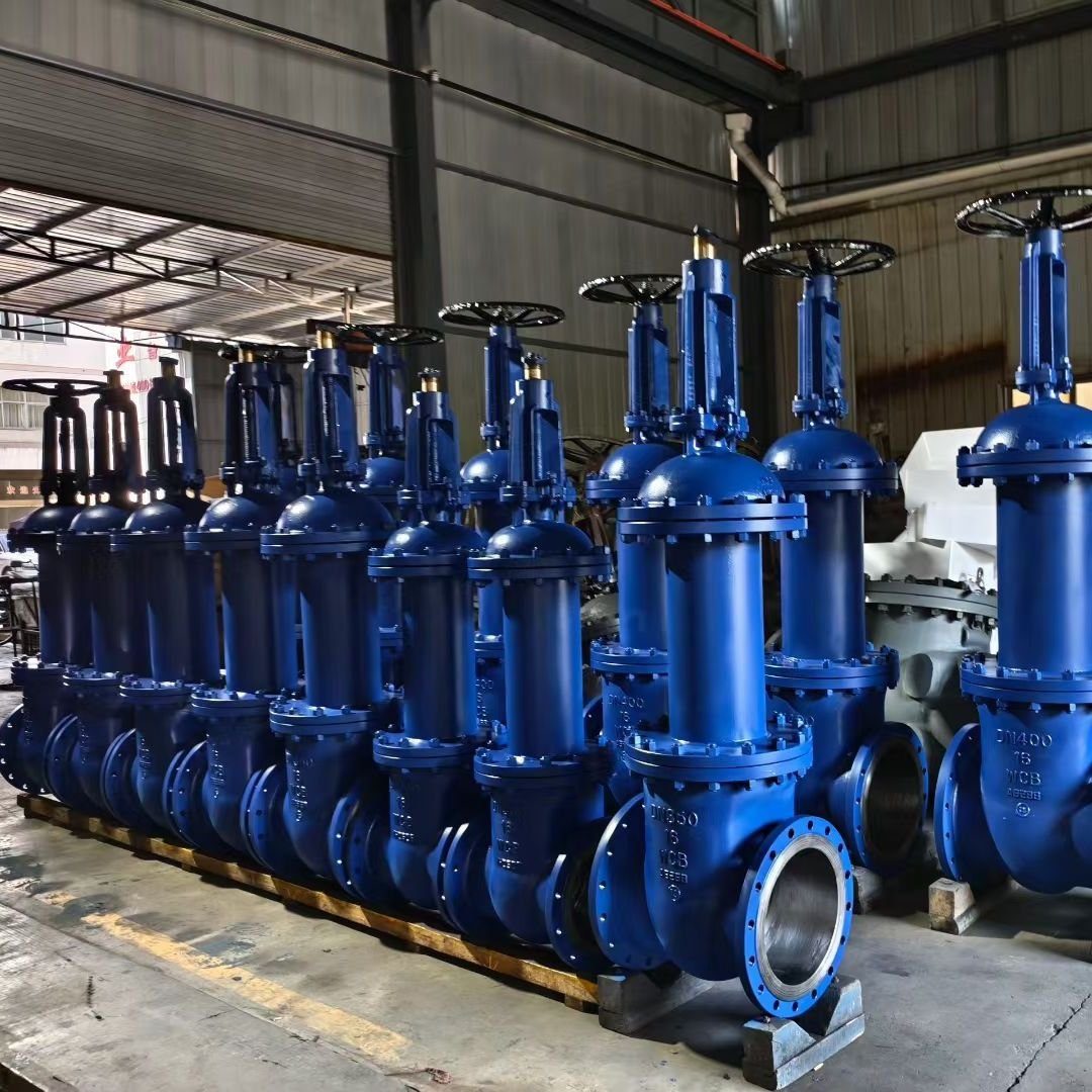 Blue painted rising stem gate valves with flanged ends
