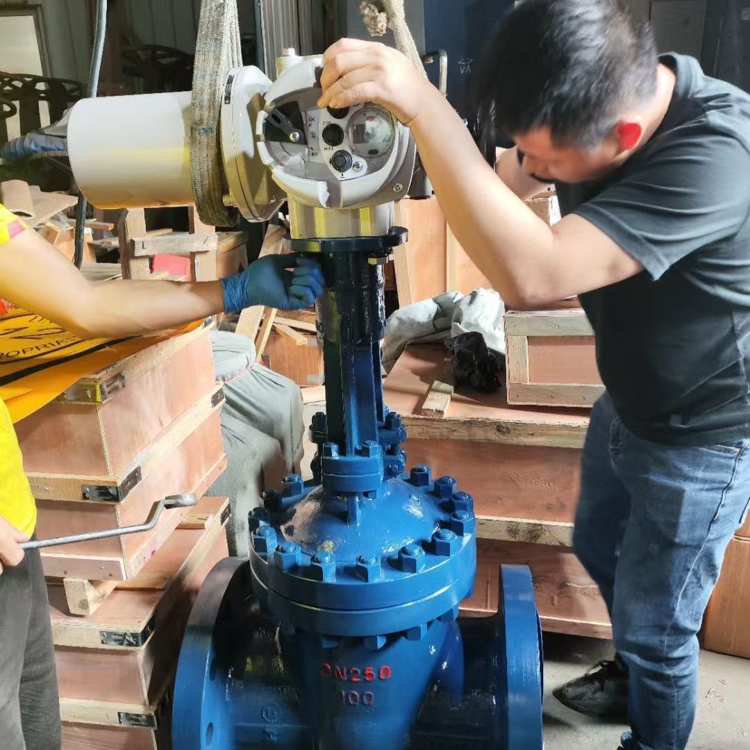 Technician assembling blue electric actuator on DN250 gate valve