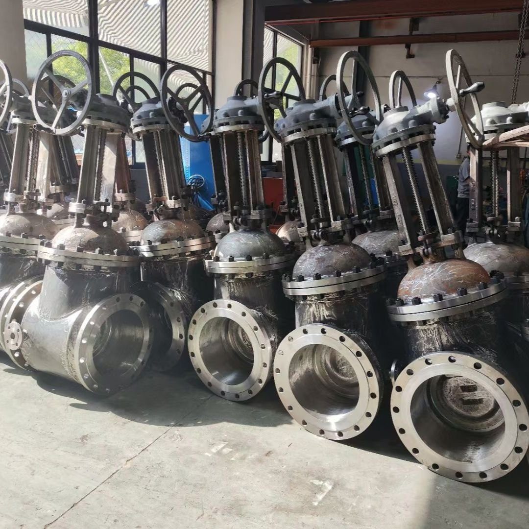 Multiple stainless steel flanged gate valves lined up in workshop