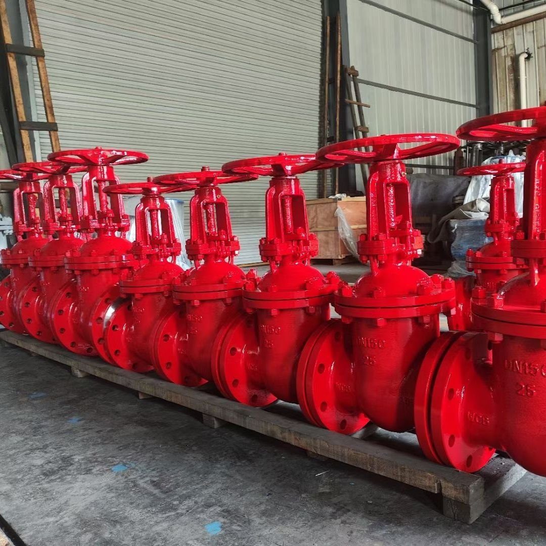Row of red DN150 flanged gate valves on pallet