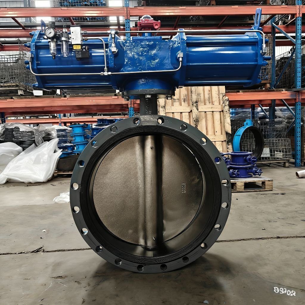 Pneumatic flanged butterfly valve DN600 PN10 with blue double-acting actuator – Reguvale factory
