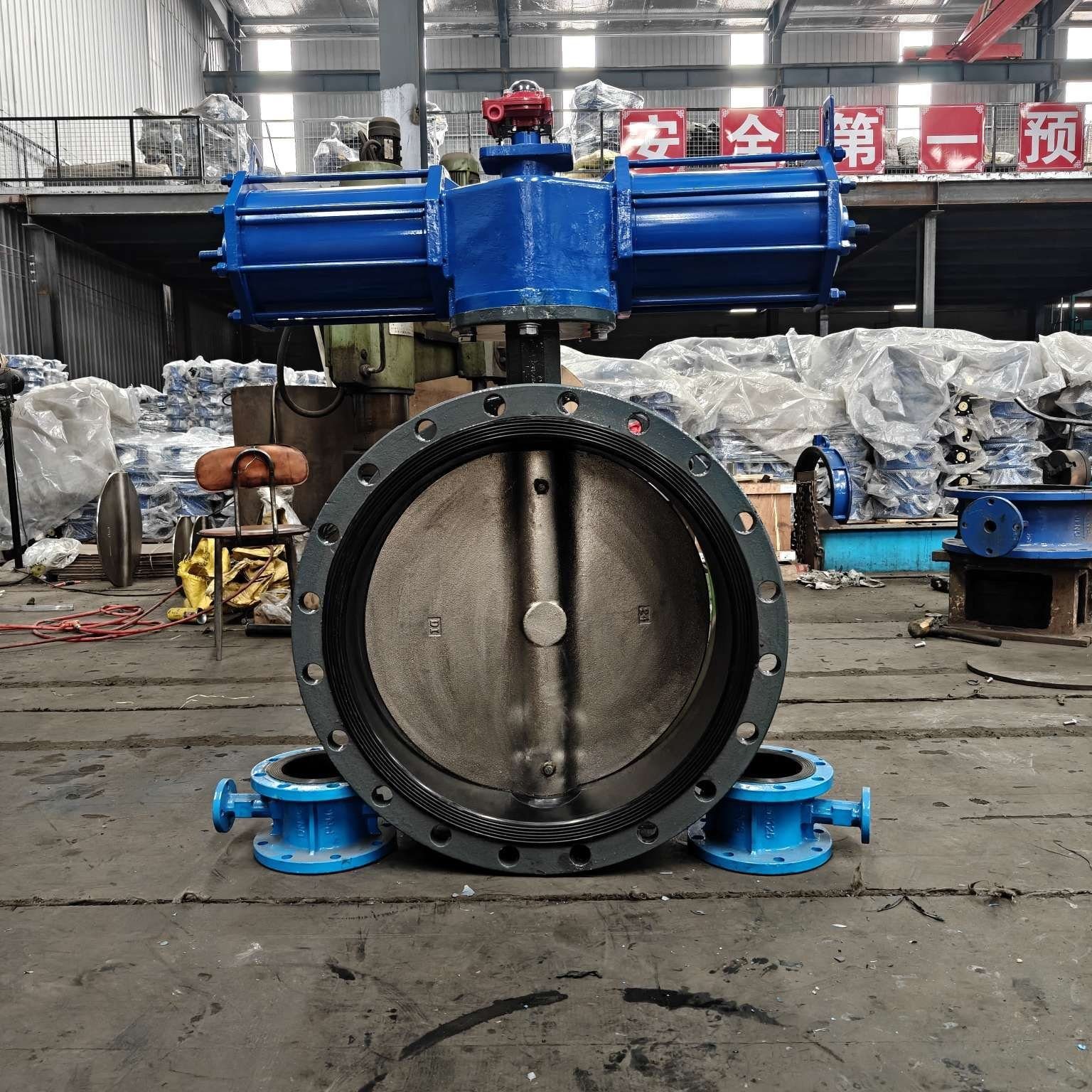 Pneumatic flanged butterfly valve full assembly in factory