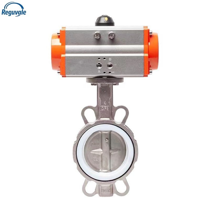 Pneumatic wafer butterfly valve with white PTFE seat and orange actuator