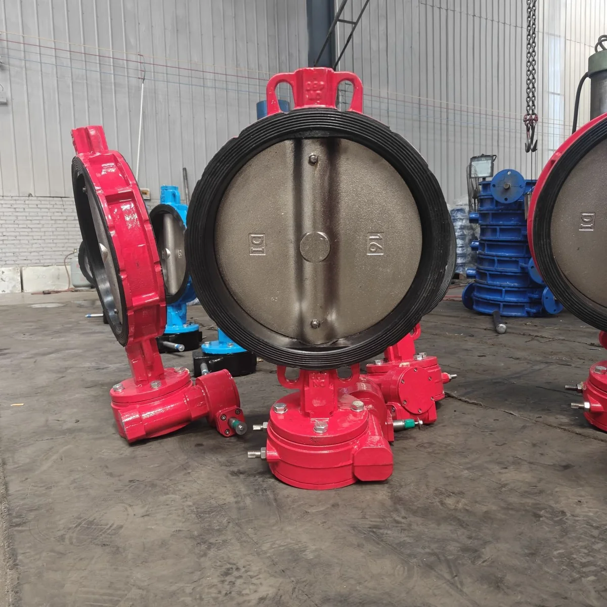 Red wafer butterfly valve side view close-up